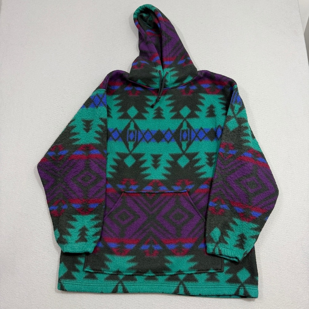 Vintage Santana Hoodie Men Large Multi Aztec Fleece Pullover Geometric 90s Fuzzy